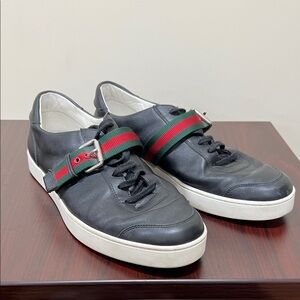 Gucci Black Leather Sneakers with Red and Green Accents